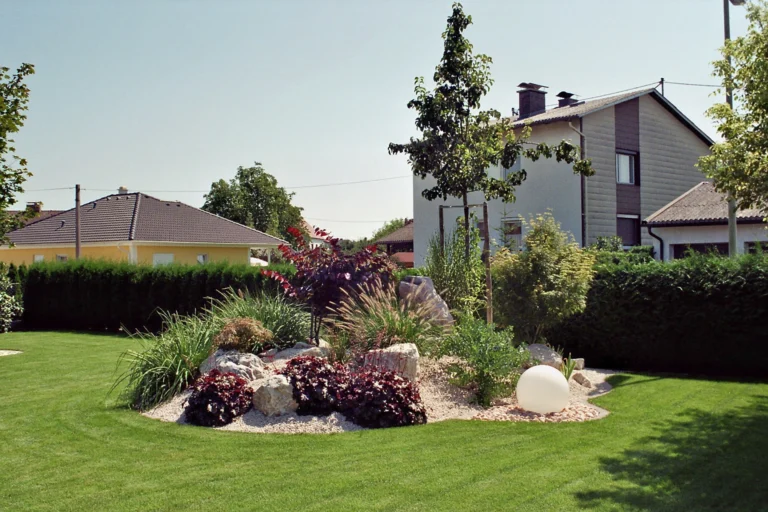 Frisch gepflanzte Hecke als Gartenbegrenzung